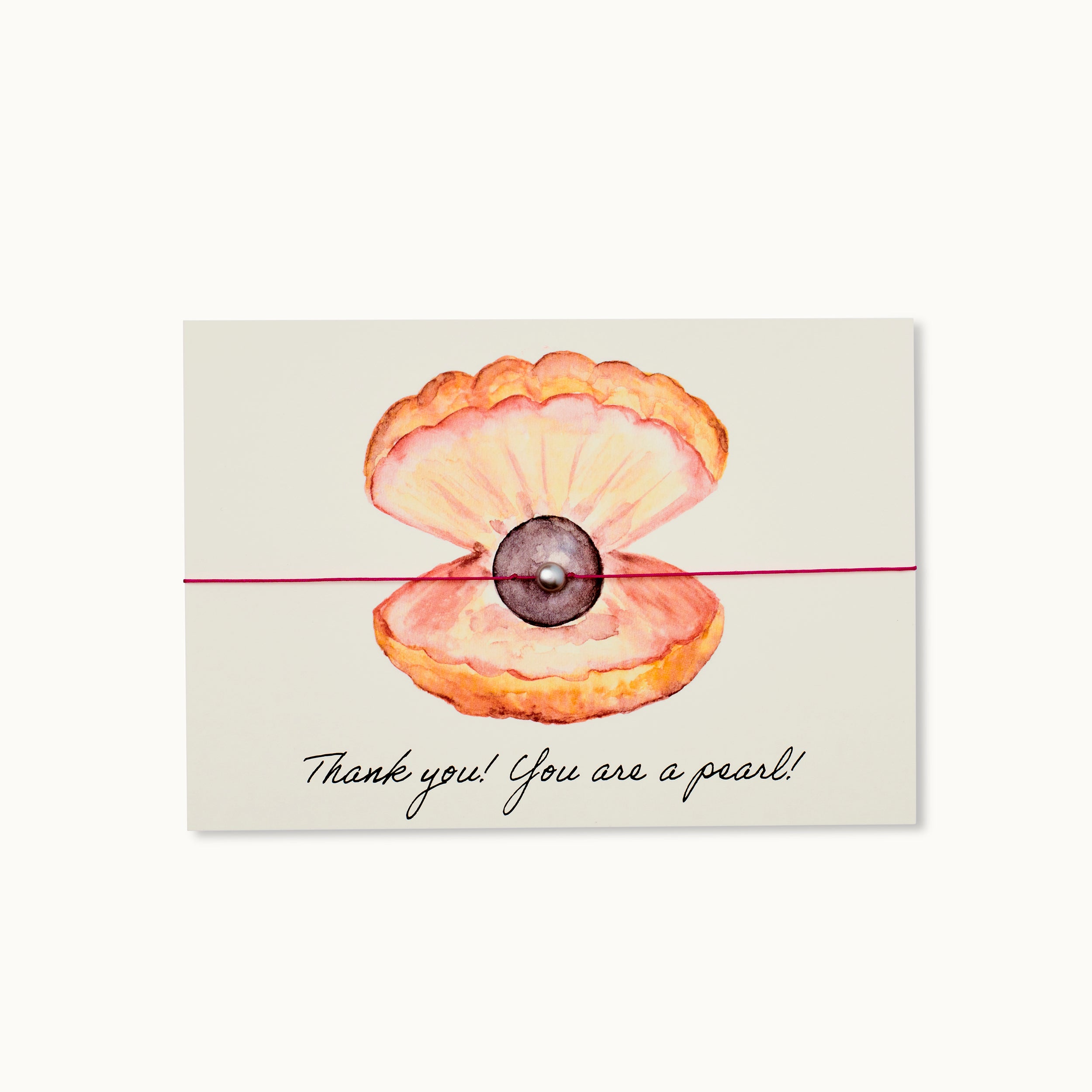 Thank you! You are a pearl! Karte mit einer echten Süßwasserperle an einem fuchsiafarbenen Armband.