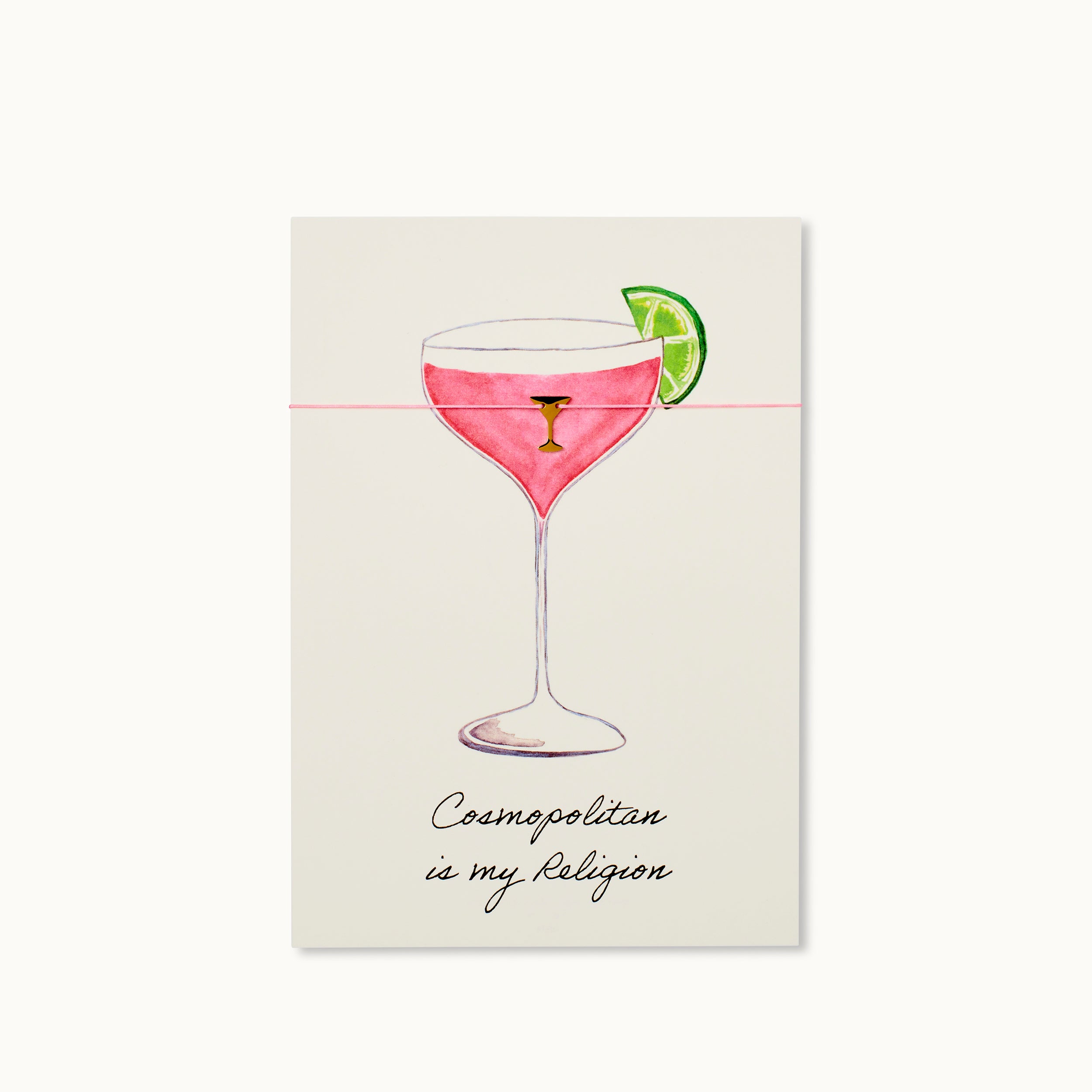 Cosmopolitan Karte mit einem Martiniglas als 18K vergoldeter Anhänger an einem pinken Armband.