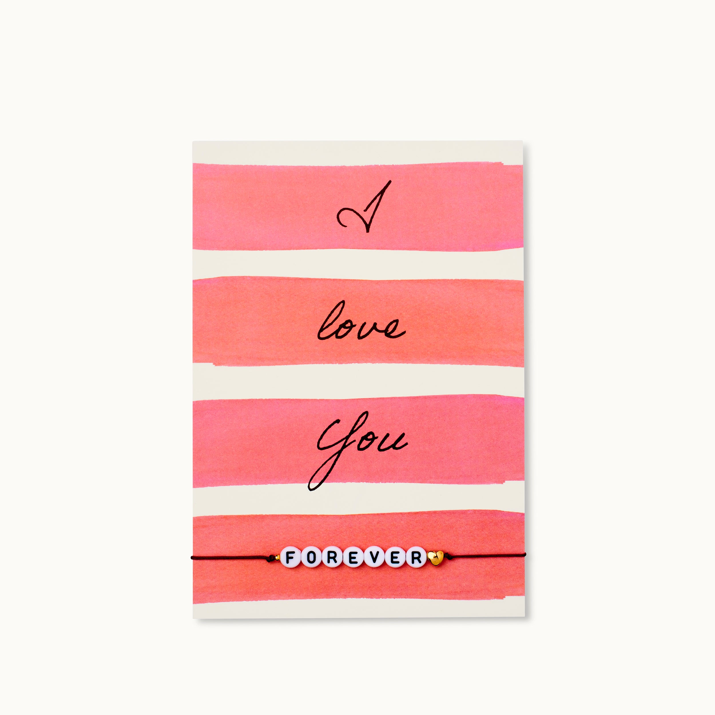 I love You forever! Karte mit dem Schriftzug FOREVER aus Acrylperlen und einem 18 Karat vergoldeten Herz an einem dunkelroten Armband.