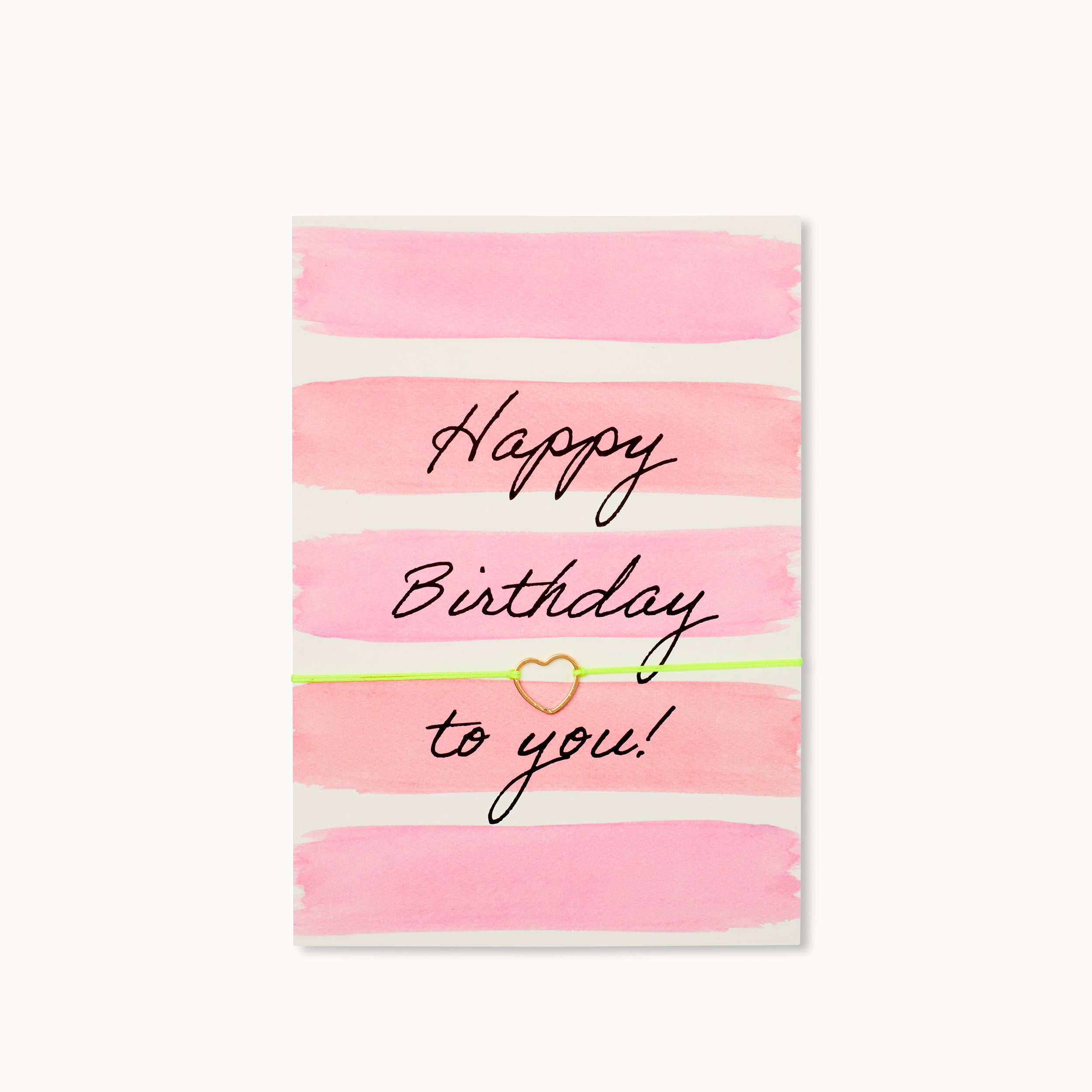 Happy Birthday to you! Karte mit einem Herz als 18K vergoldeter Anhänger an einem neongelben Armband. 