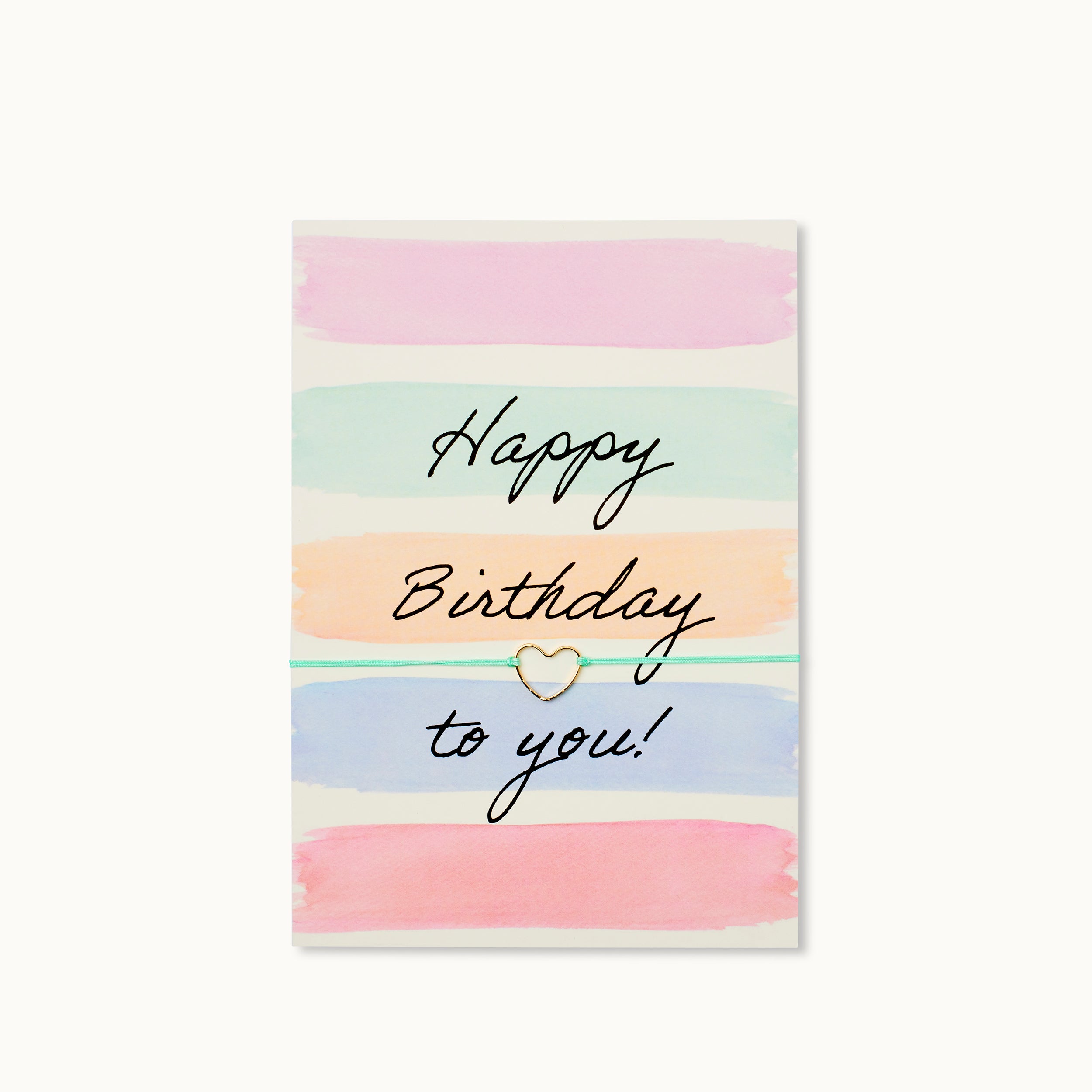 Happy Birthday to You! Karte mit einem Herz als 18K vergoldeter Anhänger an einem türkisfarbenen Armband. 